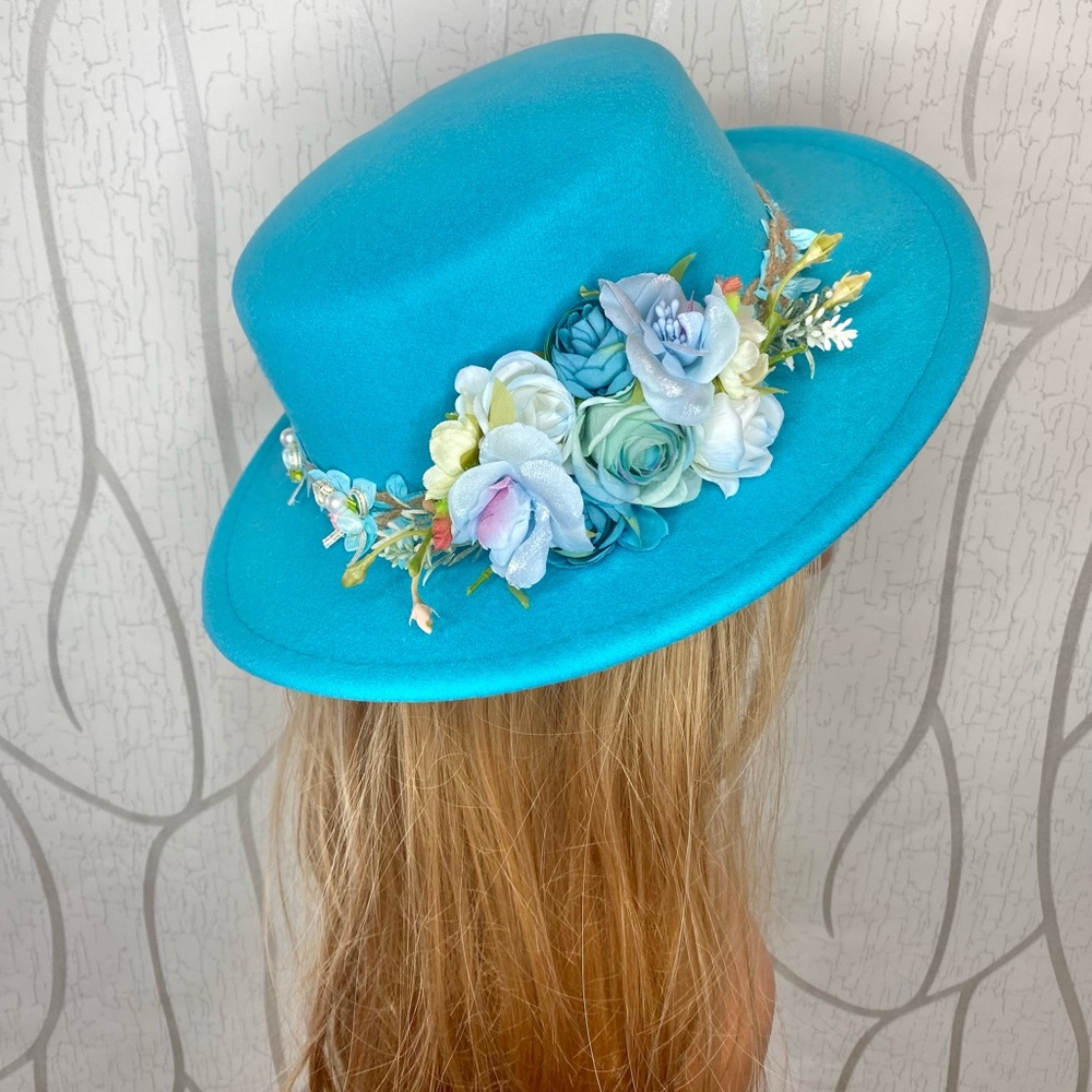 🎀🌷 Vibrant Turquoise Sky Blue Whimsical Floral Wool Feel Fedora Hat 🌷🎀 NWT